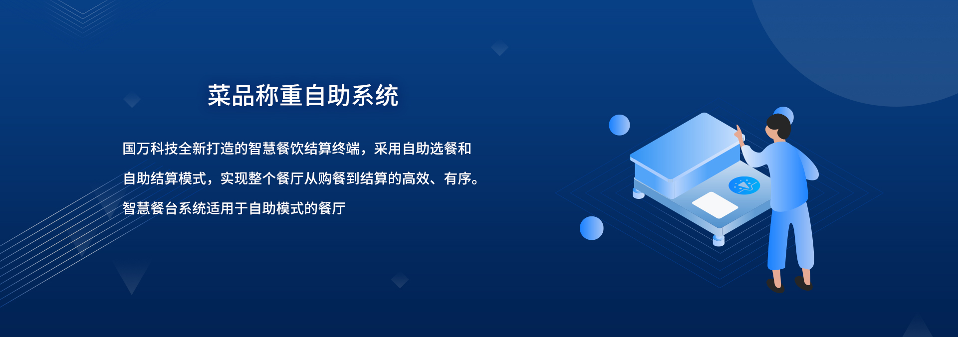 國(guó)萬(wàn)智慧食堂自助餐智能菜品稱(chēng)重系統(tǒng)來(lái)襲啦，就餐人員關(guān)注公眾號(hào)后進(jìn)行自助充值，取餐盤(pán)進(jìn)行信息綁定；取餐時(shí)自行夾菜，菜品稱(chēng)重機(jī)無(wú)感自動(dòng)稱(chēng)重，系統(tǒng)自動(dòng)結(jié)算。